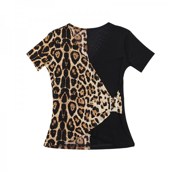 Summer Short Sleeve T Latin National Standard Dance V-Neck Top Leopard Print Sexy Friendship Modern Square Dance Shirt Training