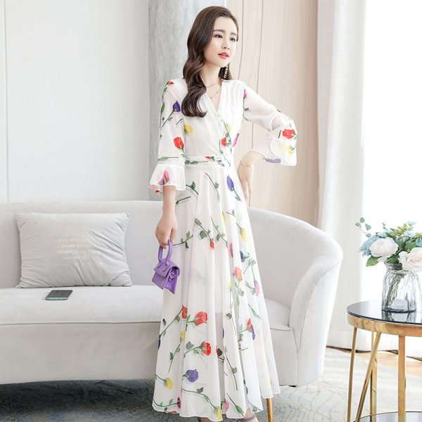 Women Short Sleeve Maxi Dress Fashion Bodycon V-neck White Print Runway Retro Chiffon Long Party Dresses Vestidos