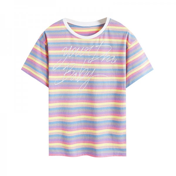 Fashion Rainbow Striped T-Shirt Women's Short Sleeve Top Casual Slim Fit