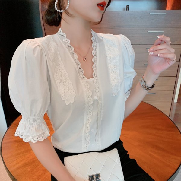 White v-neck Lace Half-sleeved Short-sleeved Puff Sleeve Shirt Women