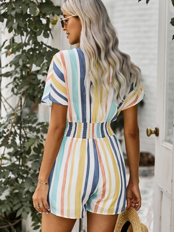 Summer New Striped Loose Short Sleeve Slim Women Jumpsuit