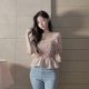 Flared Sleeve Chiffon Wrap Chest Waist Slim Short Shirt Women