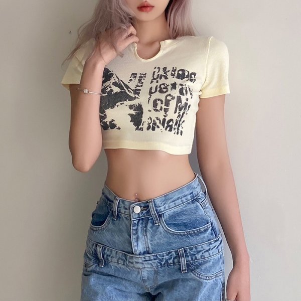 Women's Fashion Print Sexy Slim Navel Short Sleeve T-Shirt Women