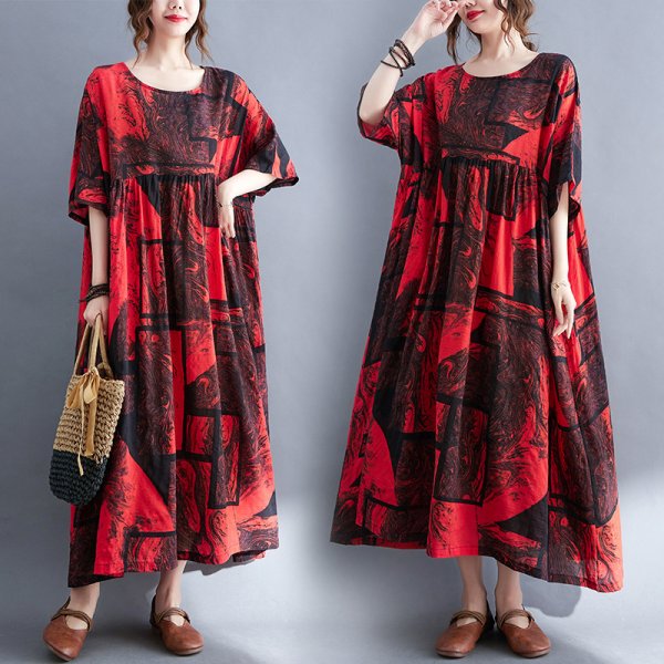 Retro Anti-aging Printed Breathable Short Sleeve Swing Dress For Women