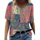 Floral Print Pullover V-neck Short Sleeve T-shirt For Women