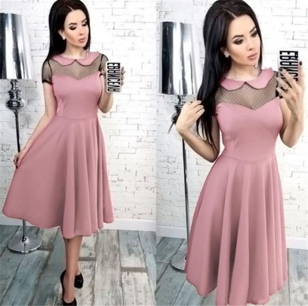 Women Sexy Mesh Short Sleeve Slim Female Lacing Splice Solid Knee-Length Summer Dress