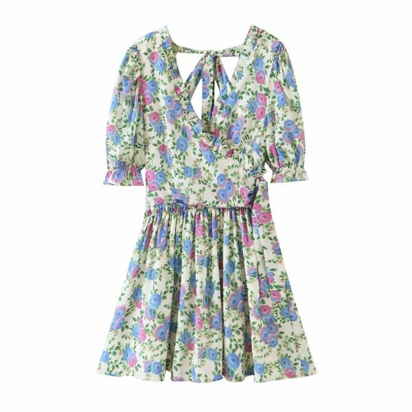 Women Summer Green Floral Chiffon Dresses Holiday Puff Short Sleeve V-Neck Back Lace Up Design Wrap One Piece Dress