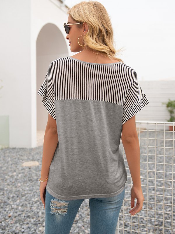 Striped Stitching V-Neck Short Sleeve Loose T-Shirt Top Women