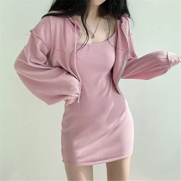 Women Solid Set High Waist Slim Mini Dress Hooded Zipper Short Long Sleeve Sweater Cardigan Suit