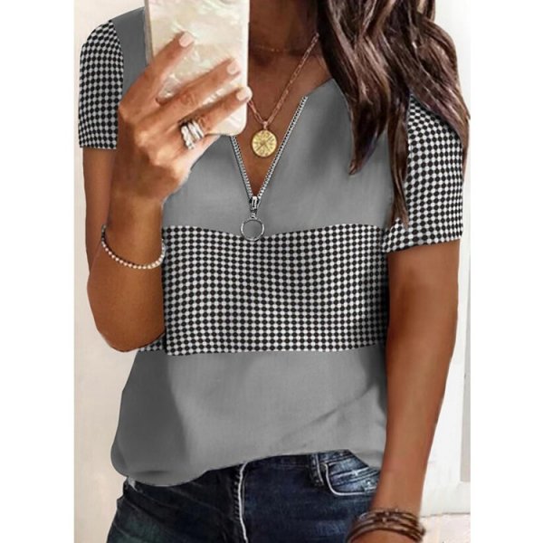 Stitching Check V-neck Zipper Neckline Short Sleeve T-Shirt Women